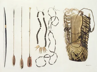 Armas, ferramentas e jóias das tribos Puri e Botocudos, região do Rio Grande, Paraguai e Brasil, de &39;Le Costume Ancien et Moderne&39;, Volume II, placa 43, por Jules Ferrario, publicado c.1820s-30s (c